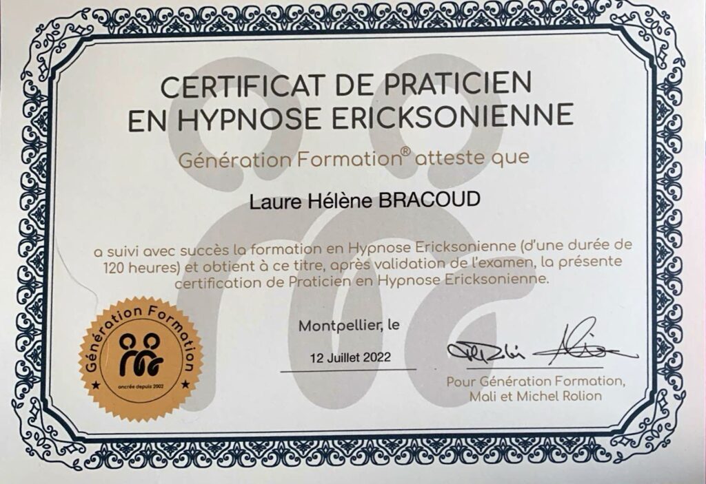 LH BRACOUD - HypnoBelle - Hypnose 34 - Diplôme de praticien en Hypnose Ericksonienne
